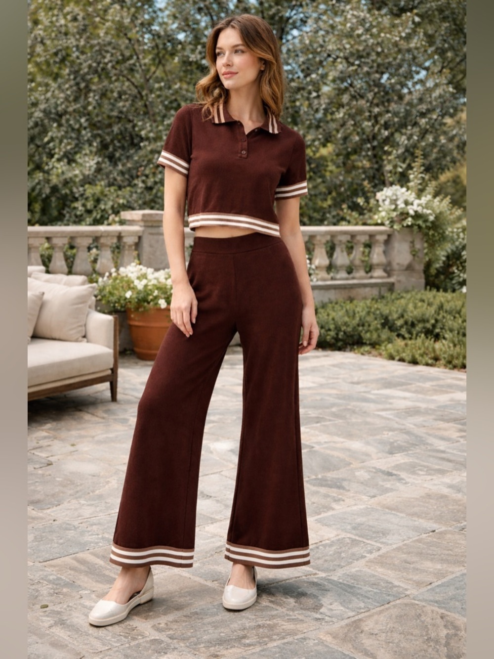 Caroline Constas Brown Knit Polo Wide Leg Pant Leisure Set S